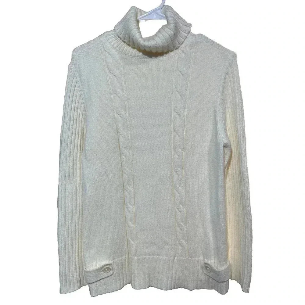 Vintage Tommy Hilfiger Women's 1X Chunky Cable Knit Turtleneck Sweater Ivory